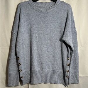 Mock Neck Raw Edge Drop‎ Shoulder Side Button Sweater Gray Blue Size XL